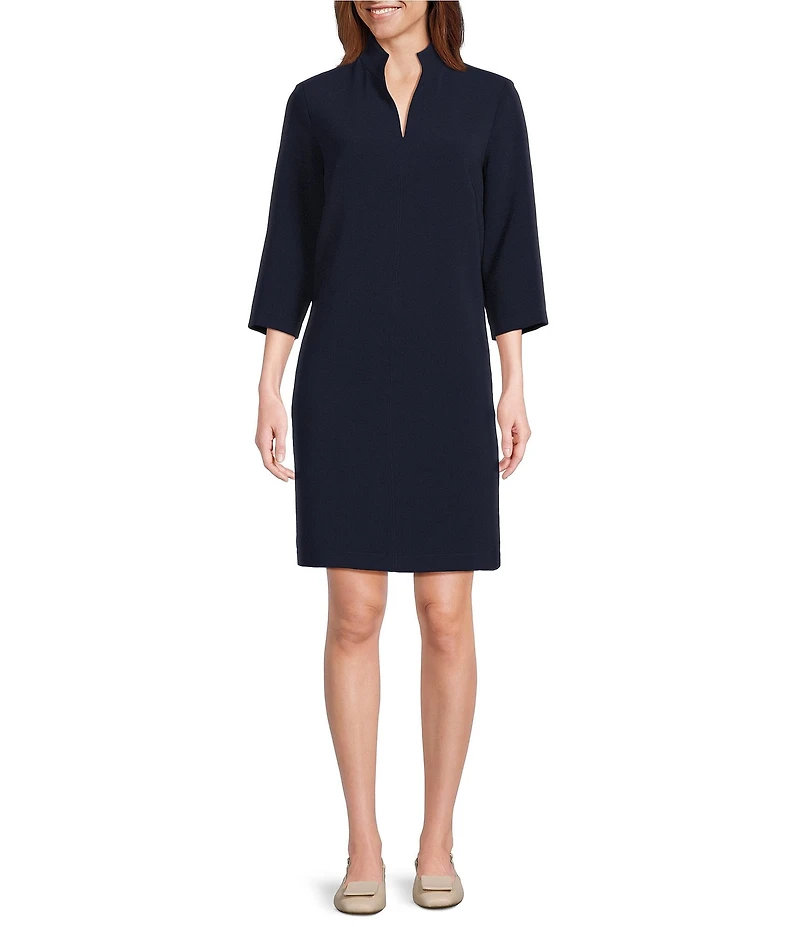 Caroline Rose Taylor Crepe Split Mandarin Collar 3/4 Sleeve A-Line Dress