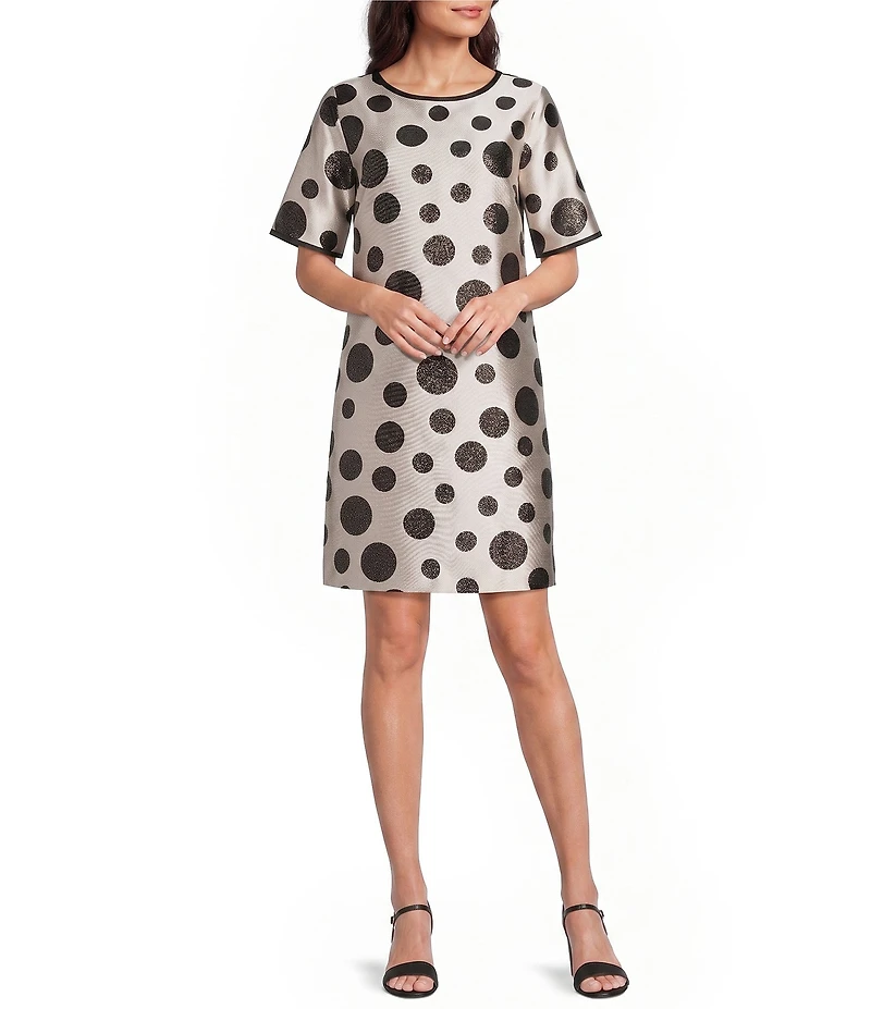 Caroline Rose Thalia Graphic Dot Jacquard Scoop Neck Elbow Sleeve Shift Dress