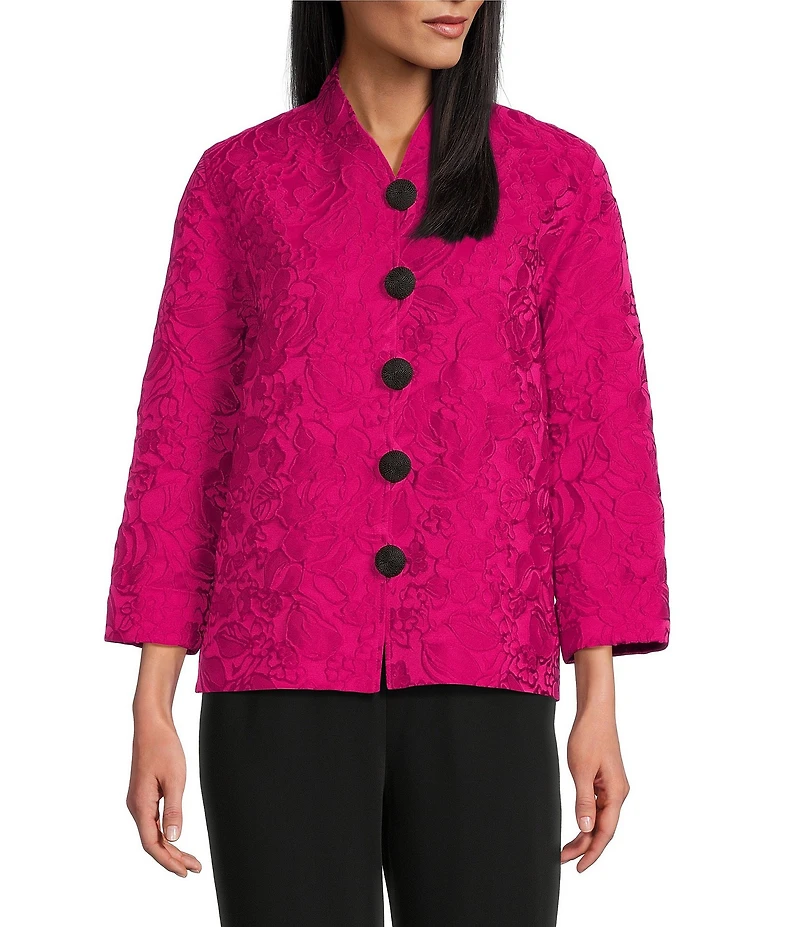 Caroline Rose Tonal Garden Floral Cloque Mandarin Collar Cuffed Bracelet Sleeve Boxy Statement Jacket