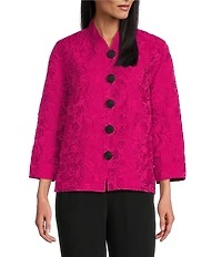 Caroline Rose Tonal Garden Floral Cloque Mandarin Collar Cuffed Bracelet Sleeve Boxy Statement Jacket