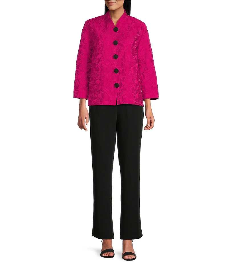 Caroline Rose Tonal Garden Floral Cloque Mandarin Collar Cuffed Bracelet Sleeve Boxy Statement Jacket
