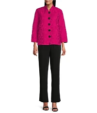 Caroline Rose Tonal Garden Floral Cloque Mandarin Collar Cuffed Bracelet Sleeve Boxy Statement Jacket