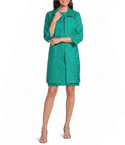 Caroline Rose Tonal Garden Floral Cloque Spread Collar Cuffed Bracelet Sleeve Coordinating Long Statement Jacket