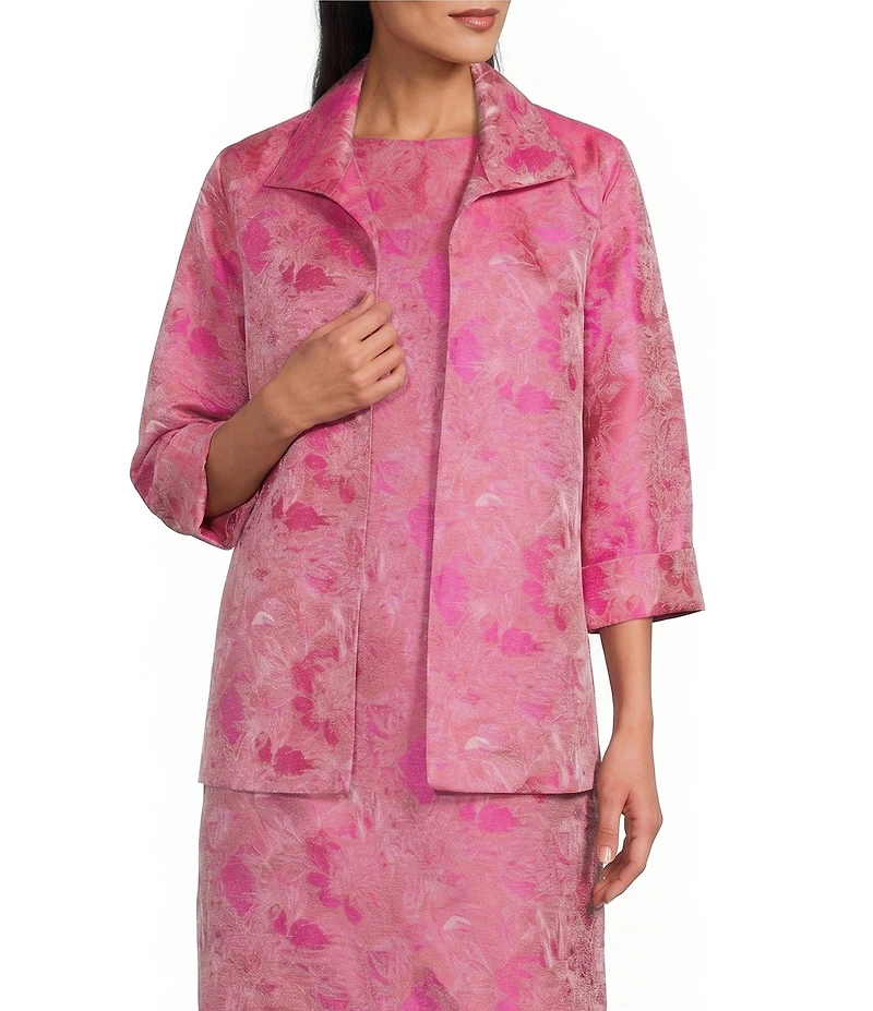 Caroline Rose Tonal Shimmer Jacquard Spread Collar Cuffed Bracelet Sleeve Open-Front Statement Jacket