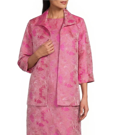 Caroline Rose Tonal Shimmer Jacquard Spread Collar Cuffed Bracelet Sleeve Open-Front Statement Jacket
