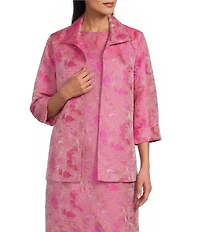 Caroline Rose Tonal Shimmer Jacquard Spread Collar Cuffed Bracelet Sleeve Open-Front Statement Jacket