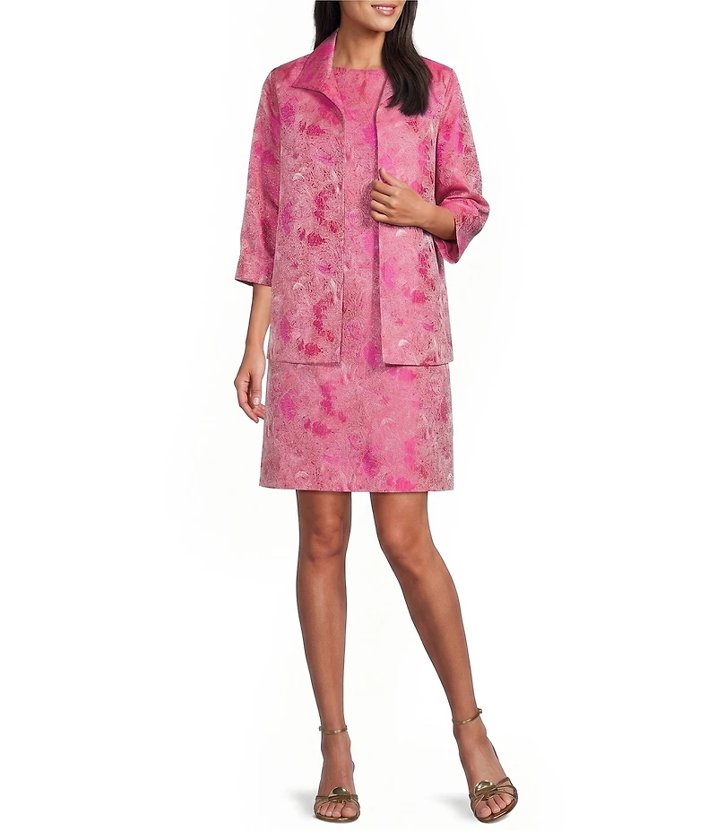 Caroline Rose Tonal Shimmer Jacquard Spread Collar Cuffed Bracelet Sleeve Open-Front Statement Jacket