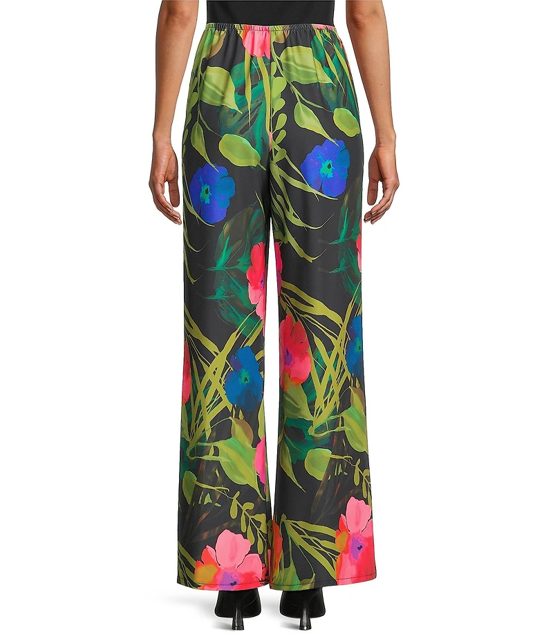 Caroline Rose Tropical Sunset Floral Print Elastic Waist Wide Leg Pants
