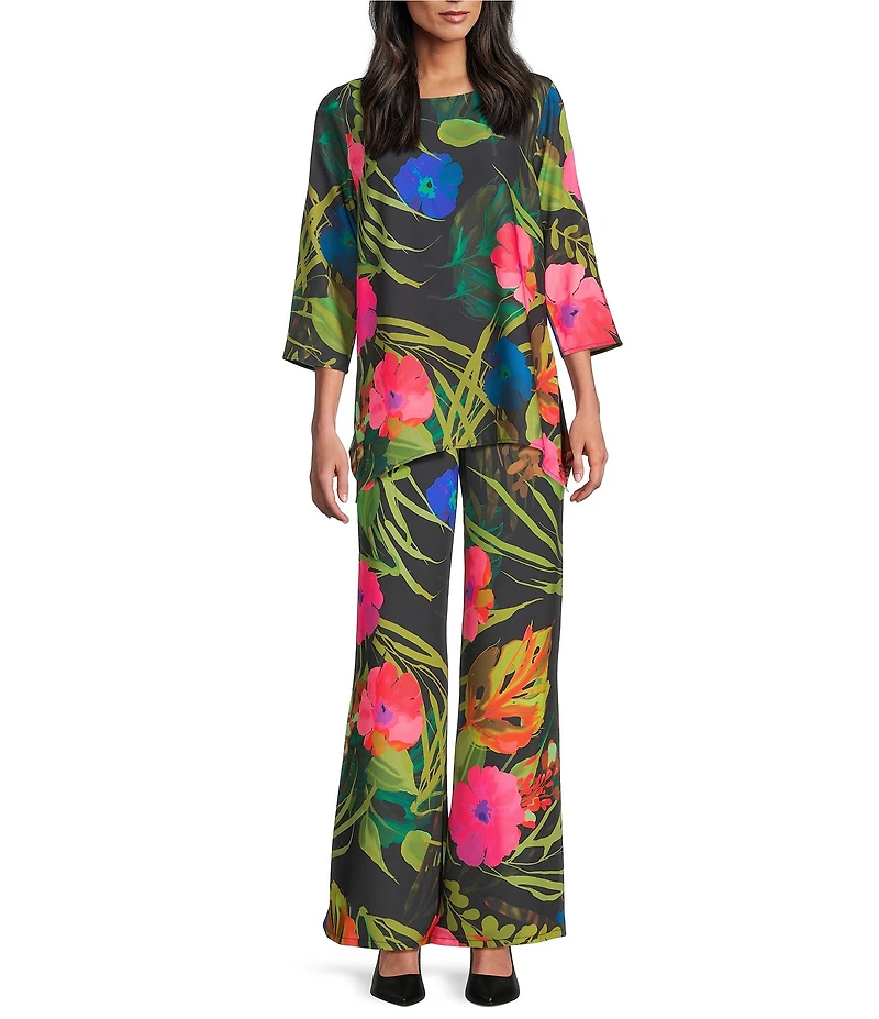 Caroline Rose Tropical Sunset Floral Print Elastic Waist Wide Leg Pants