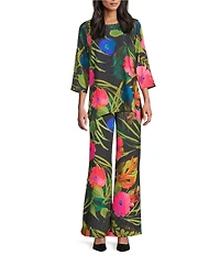Caroline Rose Tropical Sunset Floral Print Elastic Waist Wide Leg Pants