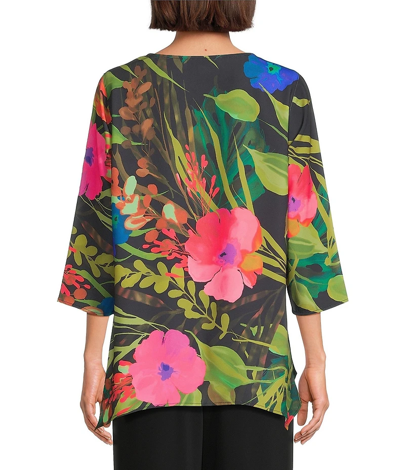 Caroline Rose Tropical Sunset Floral Print Scoop Neck 3/4 Sleeve Party Top