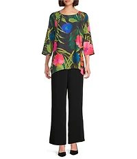 Caroline Rose Tropical Sunset Floral Print Scoop Neck 3/4 Sleeve Party Top