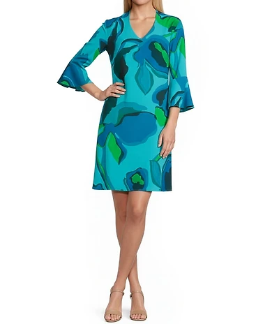Caroline Rose Valentina Copa Abstract Floral Print Matte Crepe V-Neck 3/4 Bell Sleeve A-Line Dress