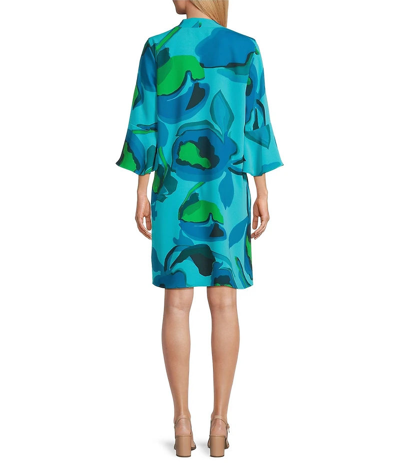 Caroline Rose Valentina Copa Abstract Floral Print Matte Crepe V-Neck 3/4 Bell Sleeve A-Line Dress