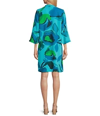 Caroline Rose Valentina Copa Abstract Floral Print Matte Crepe V-Neck 3/4 Bell Sleeve A-Line Dress