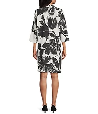 Caroline Rose Vivianna Crepe Brushstroke Floral Print V-Neck 3/4 Sleeve Shift Dress