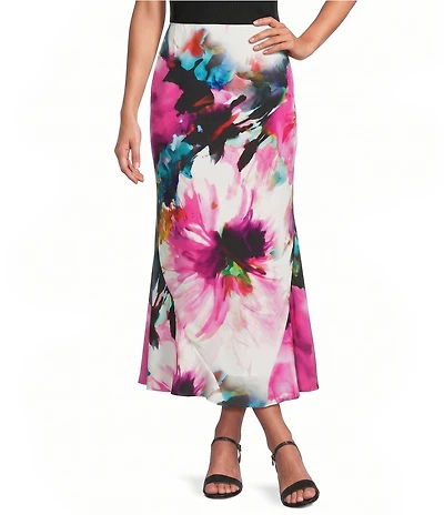Caroline Rose Watercolor Floral Print Flat Front Elastic Waist Flared Hem Long Skirt