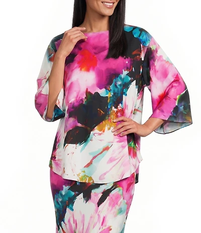 Caroline Rose Watercolor Floral Print Round Neck 3/4 Dolman Sleeve Top