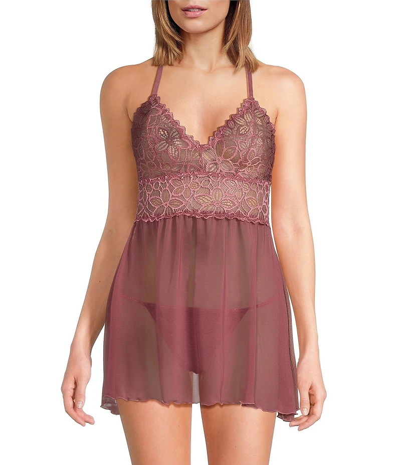 Cassandra Renee Lace Mesh V-Neck Racerback Babydoll Set