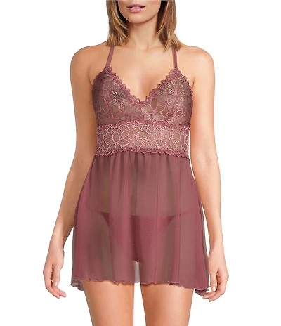 Cassandra Renee Lace Mesh V-Neck Racerback Babydoll Set