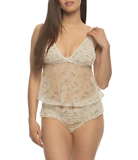 Cassandra Veil Ditsy Floral Print Mesh Ruffled Sleeveless V-Neck Shorty Lingerie Set