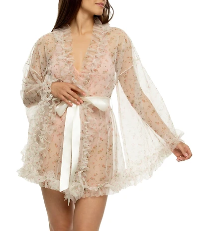 Cassandra Veil Ditsy Floral Tulle Long Sleeve V-Neck Coordinating Lingerie Robe