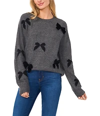 CeCe 3D Velvet Bow Crew Neck Long Sleeve Pullover Sweater