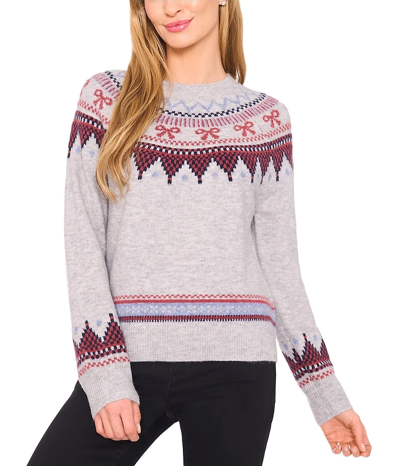 CeCe Bow Far Isle Round Neck Long Sleeve Sweater
