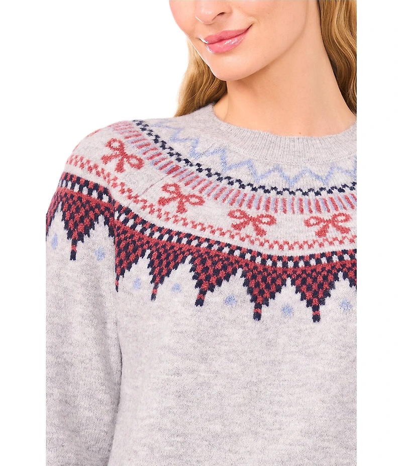 CeCe Bow Far Isle Round Neck Long Sleeve Sweater