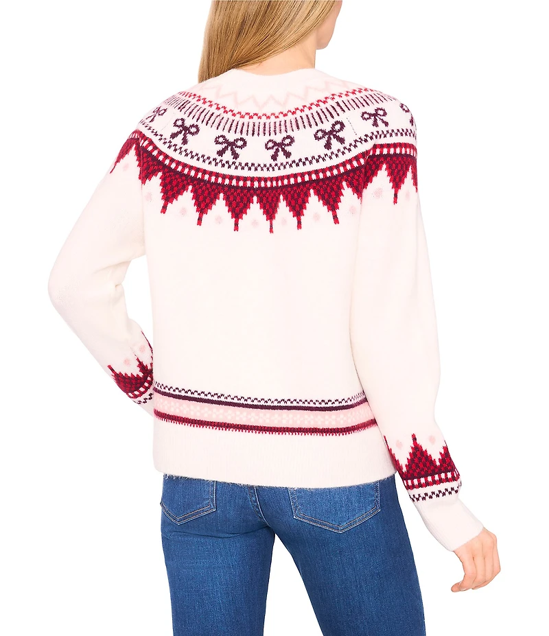 CeCe Bow Far Isle Round Neck Long Sleeve Sweater
