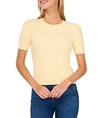 CeCe Cable Knit Crew Neck Short Puff Sleeve Top