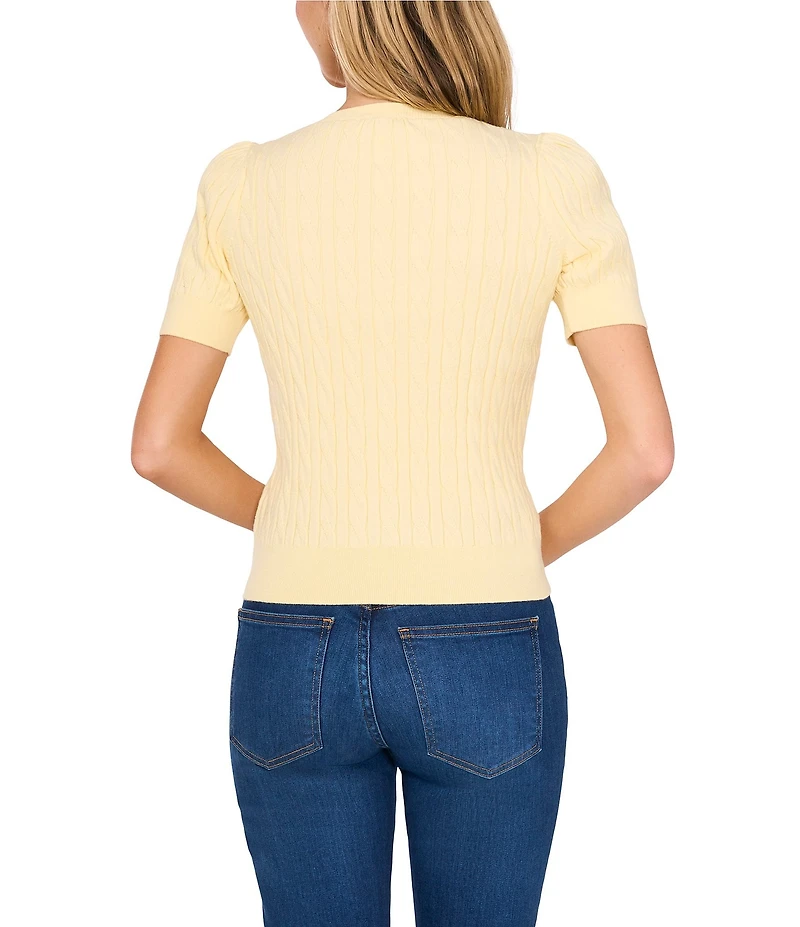 CeCe Cable Knit Crew Neck Short Puff Sleeve Top