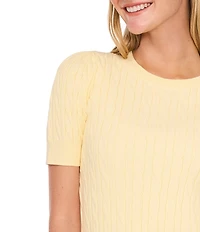 CeCe Cable Knit Crew Neck Short Puff Sleeve Top