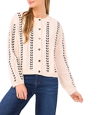 CeCe Cable Knit Round Neck Ribbon Long Sleeve Cardigan