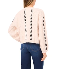 CeCe Cable Knit Round Neck Ribbon Long Sleeve Cardigan
