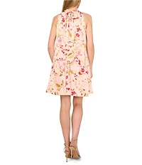 CeCe Charmeuse Floral Print Halter Mock Neck Sleeveless Shift Dress
