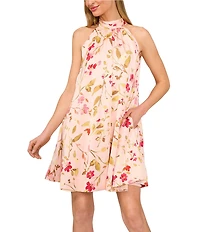 CeCe Charmeuse Floral Print Halter Mock Neck Sleeveless Shift Dress