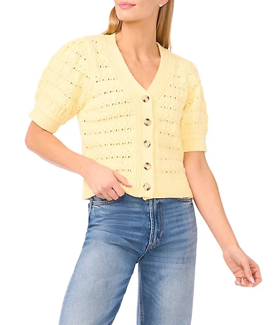 CeCe Chunky Knit V-Neck Short Sleeve Cardigan