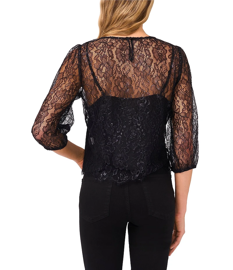 CeCe Coordinating Lace Round Neck 3/4 Puff Sleeve Blouse