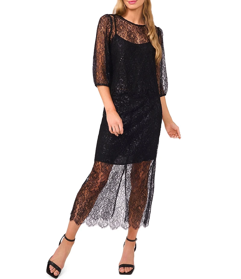 CeCe Coordinating Lace Round Neck 3/4 Puff Sleeve Blouse