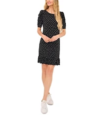 CeCe Crew Neck Short Puffed Sleeve Polka Dot Dress