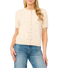 CeCe Crew Neck Short Sleeve Cardigan Sweater