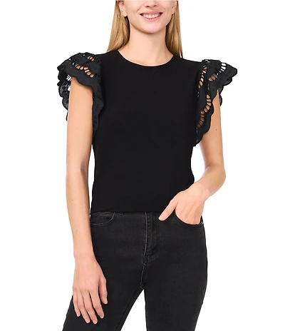 CeCe Crew Neck Short Sleeve Ruffle Eyelet Embroidered Tee