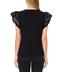 CeCe Crew Neck Short Sleeve Ruffle Eyelet Embroidered Tee