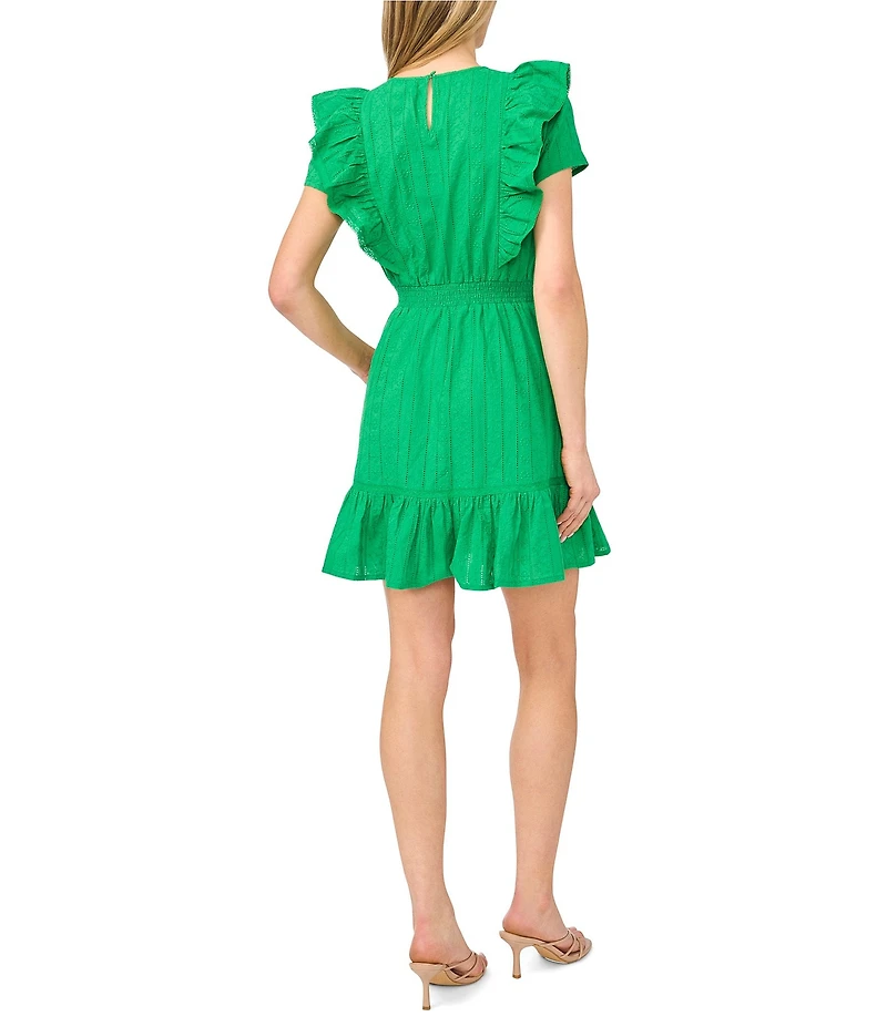 CeCe Crew Neck Short Sleeve Ruffle Shoulder Mini Dress