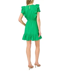 CeCe Crew Neck Short Sleeve Ruffle Shoulder Mini Dress