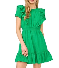 CeCe Crew Neck Short Sleeve Ruffle Shoulder Mini Dress