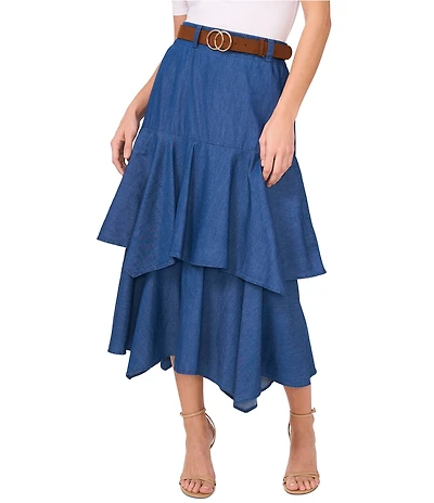 CeCe Denim Belted Tiered Midi A-Line Skirt