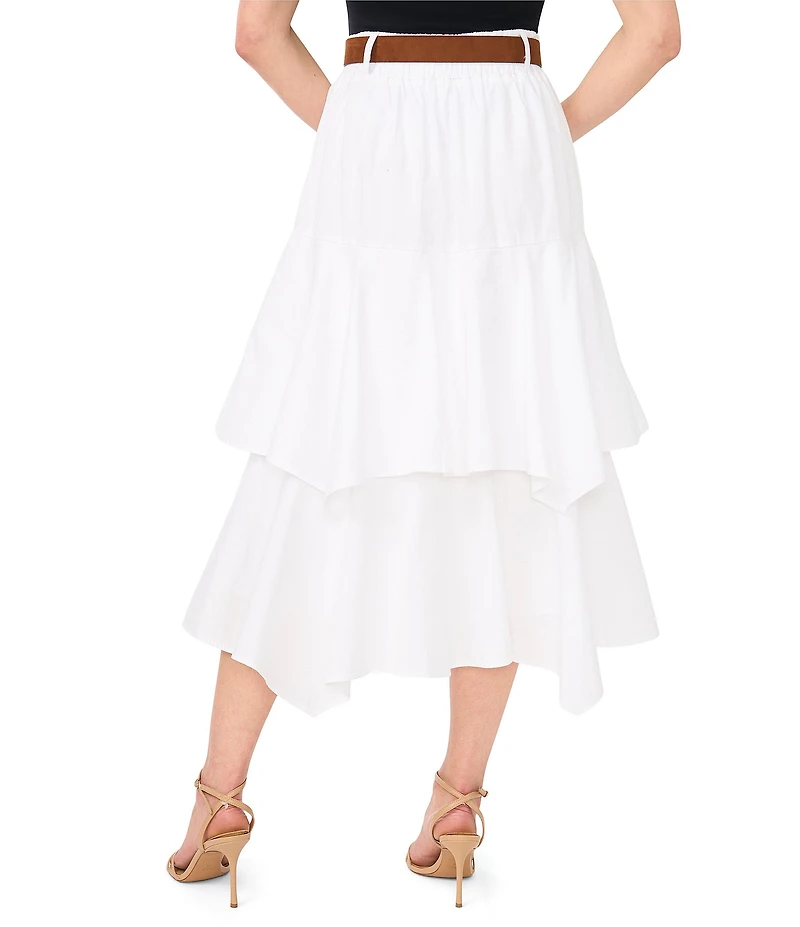 CeCe Denim Belted Tiered Midi A-Line Skirt