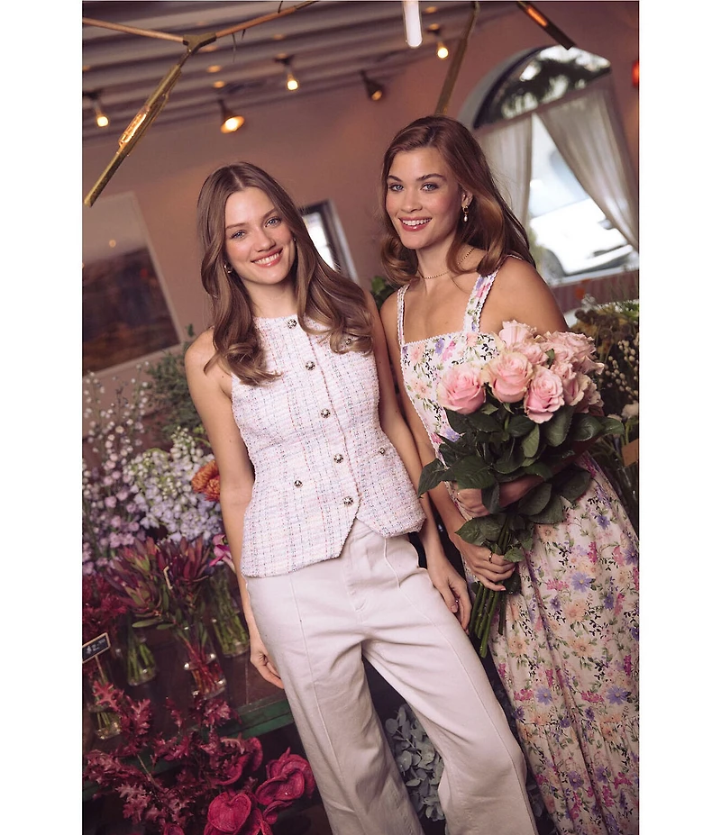 CeCe Denim Wide Leg Pintuck Flower Button Ankle Length Jeans